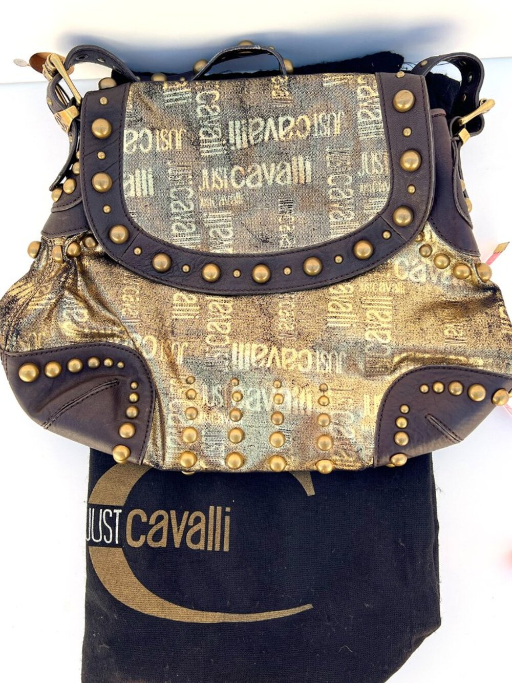 MINT CONDITION AUTHENTIC JUST CAVALLI GOLD BROCADE STUDS HOBO SHOULDER BAG - Picture 3 of 14